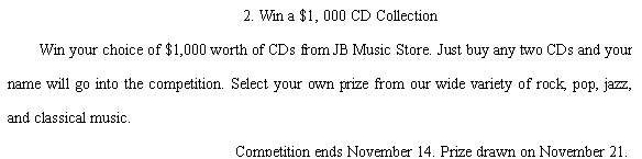 ı:  2. Win a $1, 000 CD Collection  Win your choice of $1,000 worth of CDs from JB Music Store. Just buy any two CDs and your name will go into the competition. Select your own prize from our wide variety of rock, pop, jazz, and classical music.                        Competition ends November 14. Prize drawn on November 21.                 Check store for more information.                                                                                     